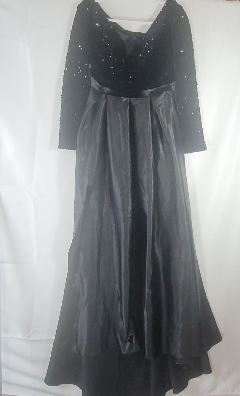 Black Sequin Long Sleeve High-Low Ball Gown Evening Dress with Pockets Size 10